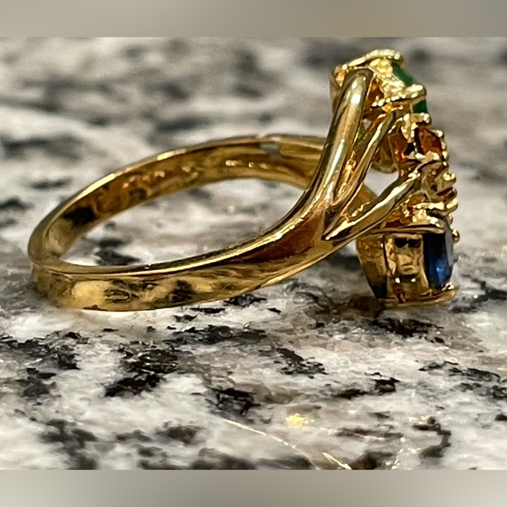 Vintage Style plated Tone Bypass Ring Sz 6.75 Multicolor Gemstone Statement Ring - Picture 5 of 11